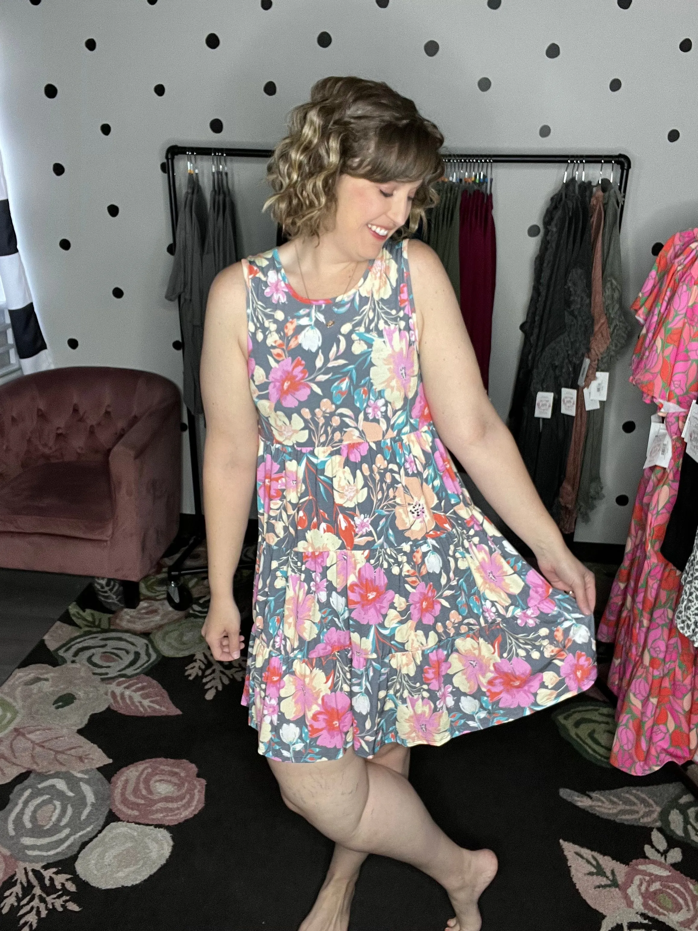 Charcoal Floral Tiered Tank Dress