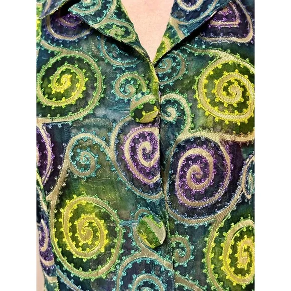 Chico's Size 0(S 4-6) Metallic Silk Embroidery Jacket Art To Wear Boho Occasion