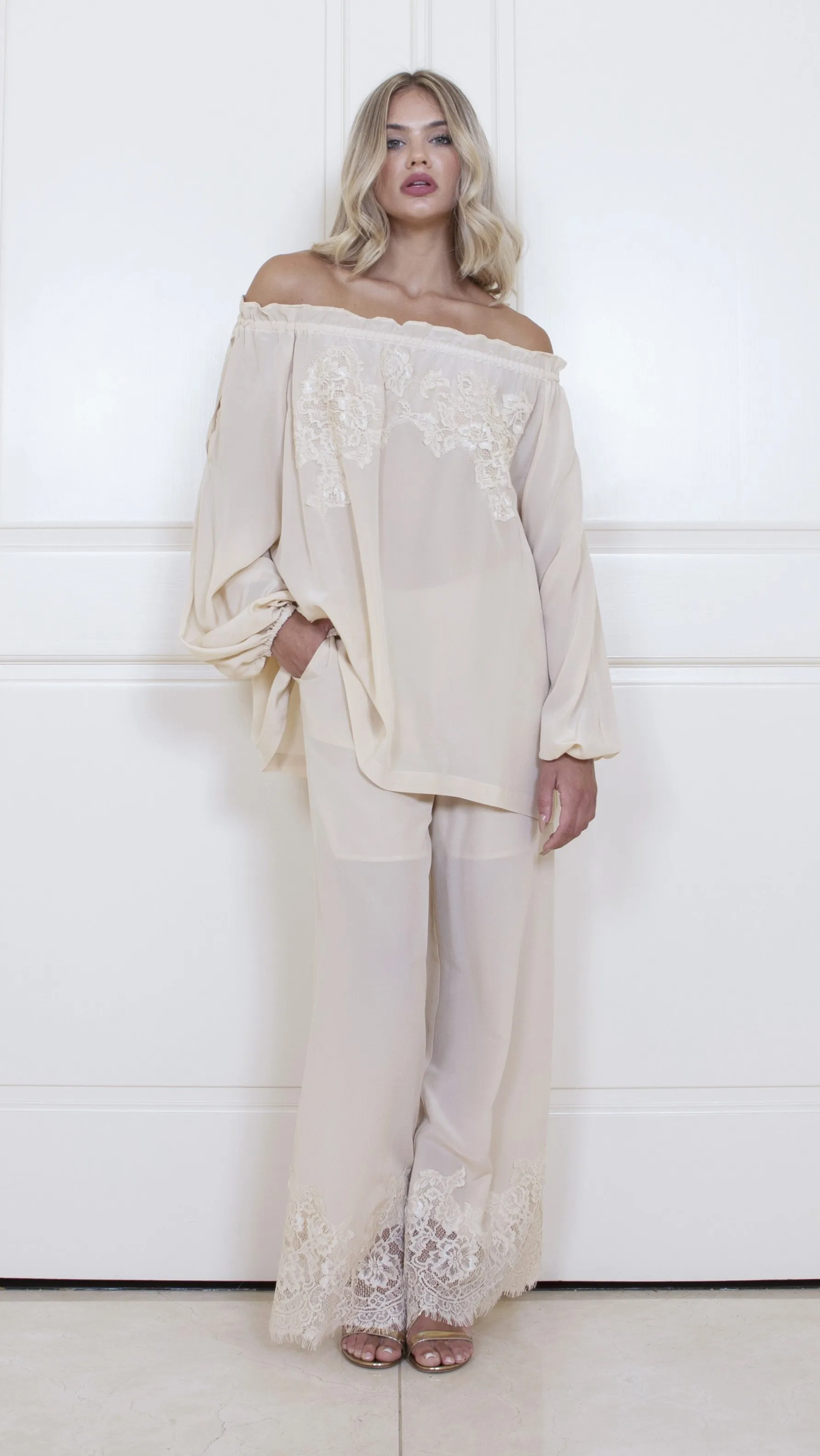 Claudette Lace Silk Pants - Pearl Crepe