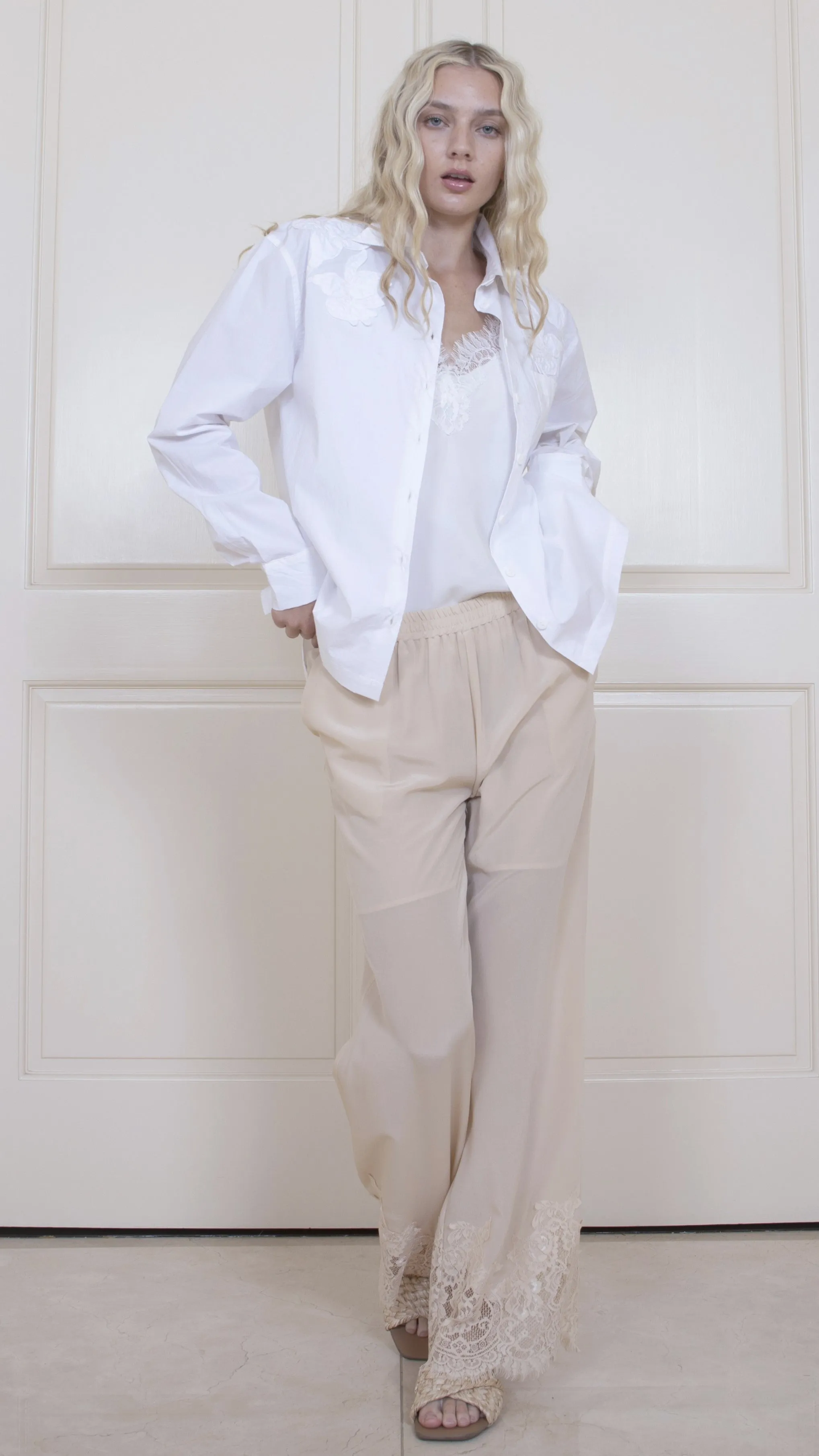 Claudette Lace Silk Pants - Pearl Crepe