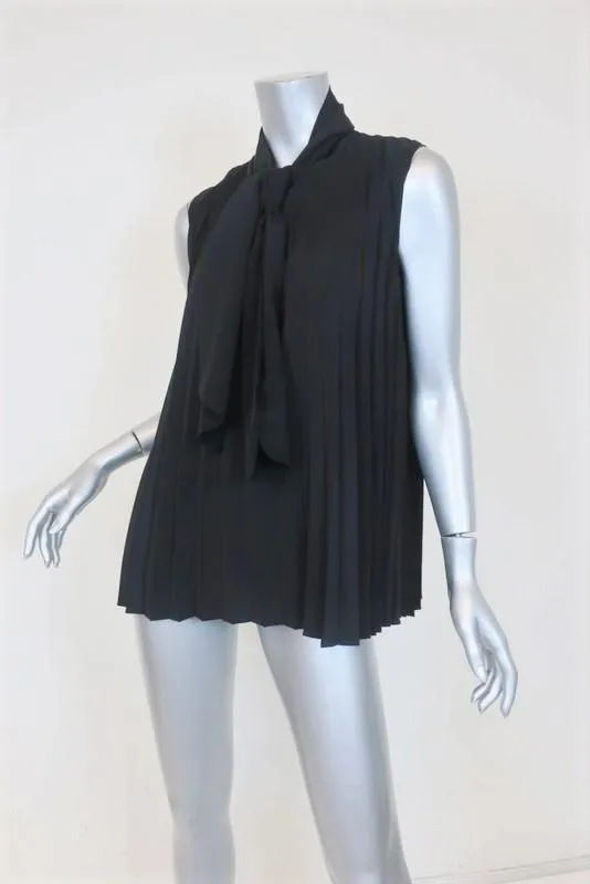 Co Tie-Neck Top Black Pleated Silk Size Small Sleeveless Blouse