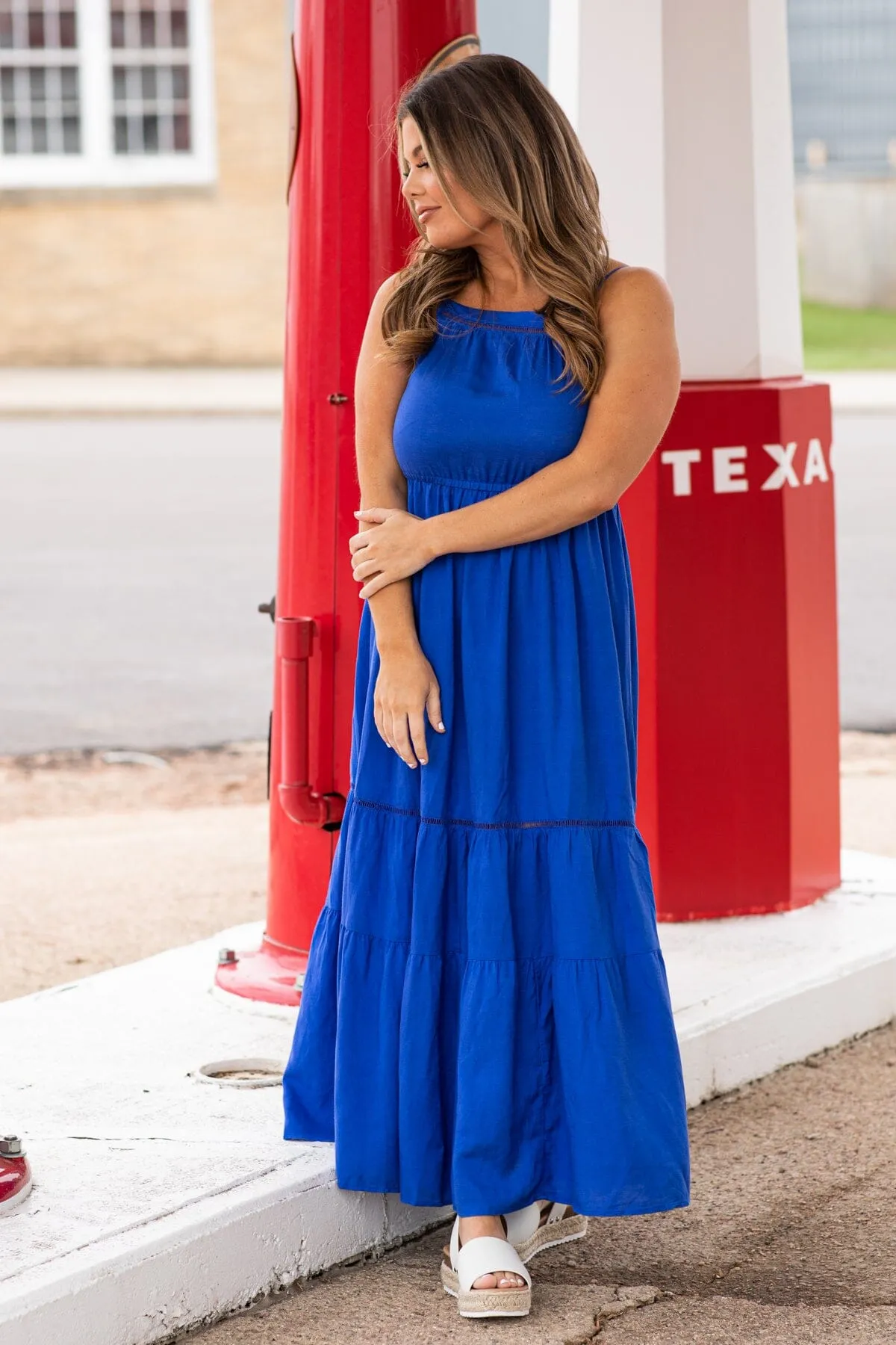 Cobalt Elastic Waist Tiered Skirt Maxi Dress