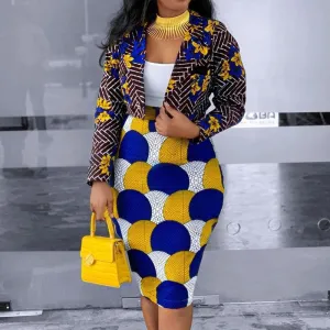 Colorblock Flower Print Blazer Skirt Sets