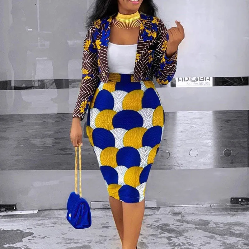 Colorblock Flower Print Blazer Skirt Sets