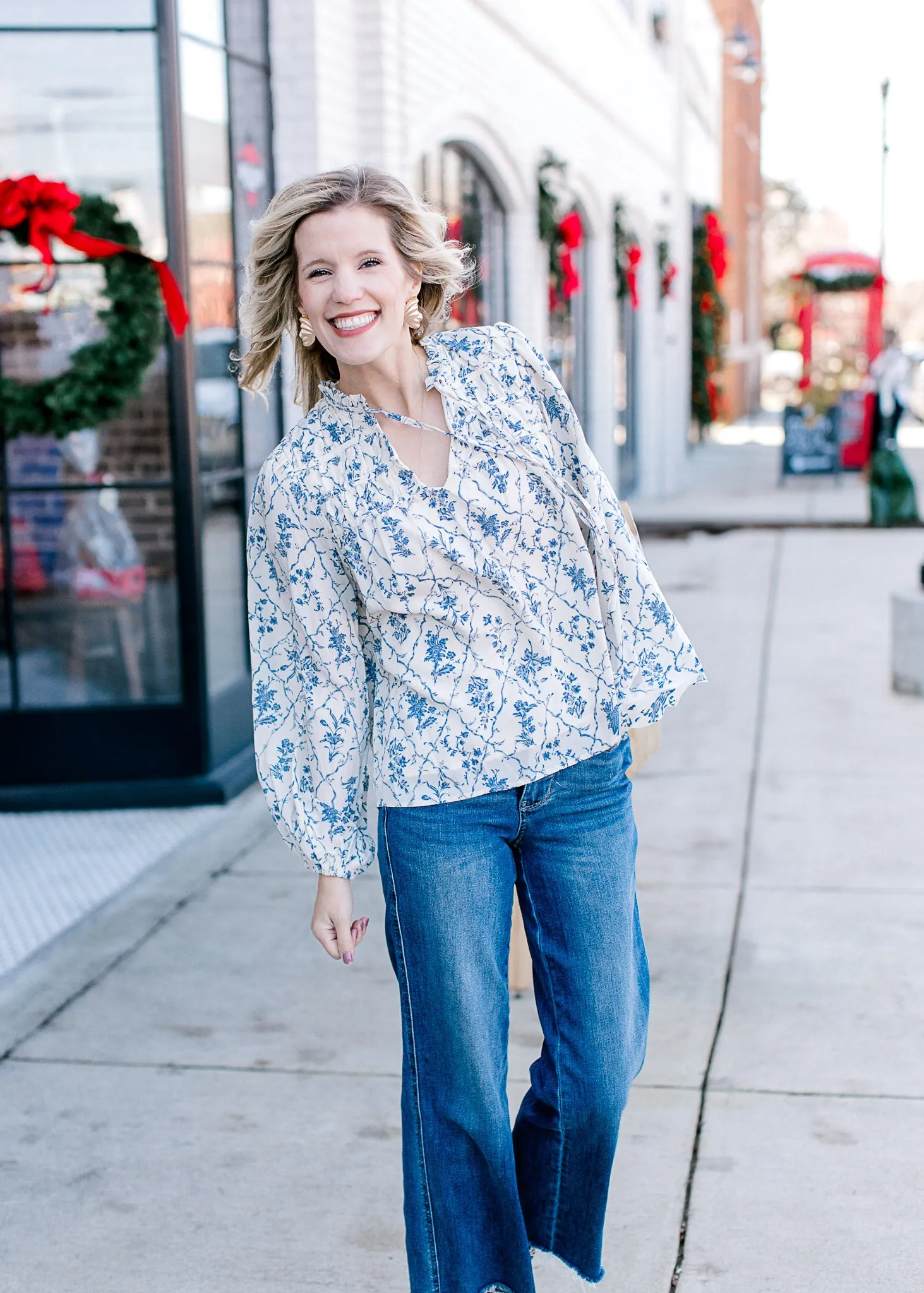 Cream and Blue Long Sleeve Blouse