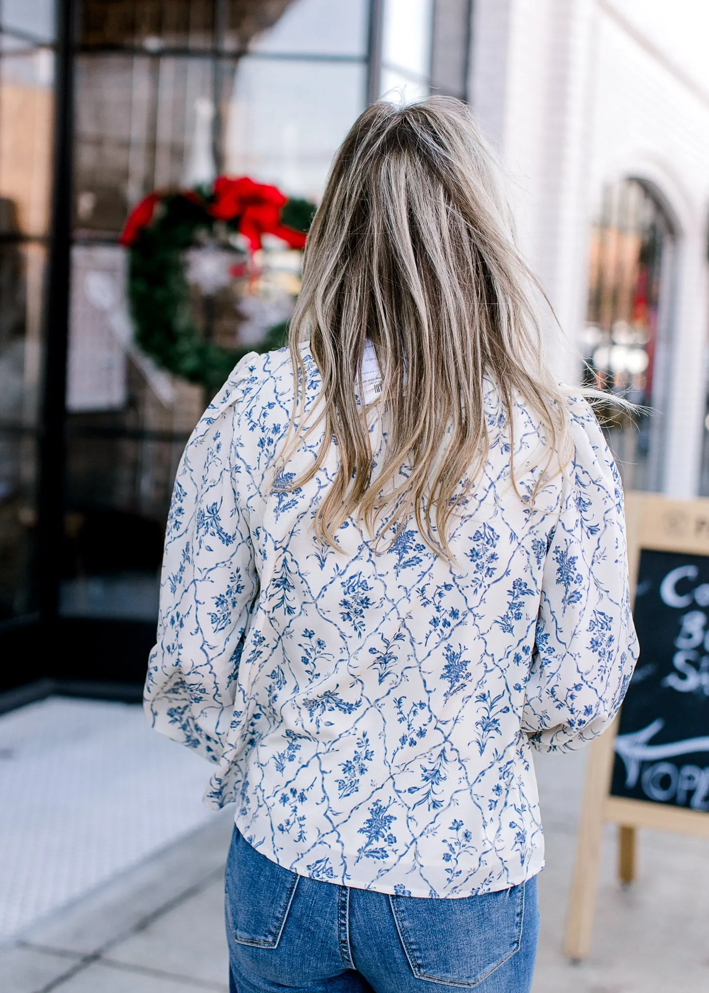 Cream and Blue Long Sleeve Blouse