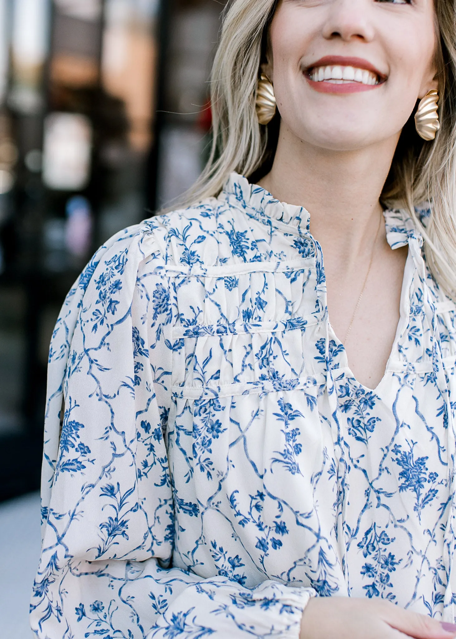 Cream and Blue Long Sleeve Blouse