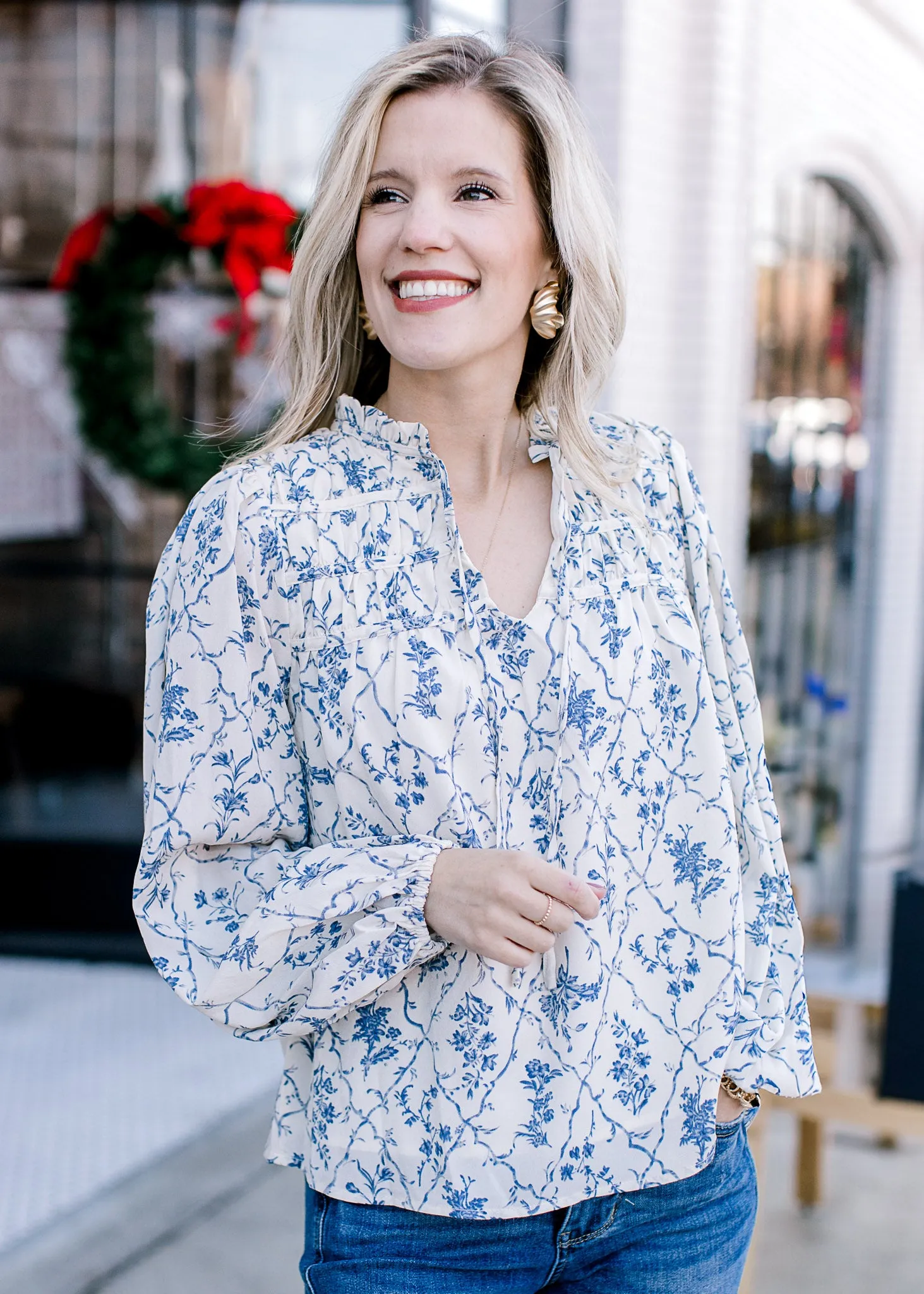 Cream and Blue Long Sleeve Blouse