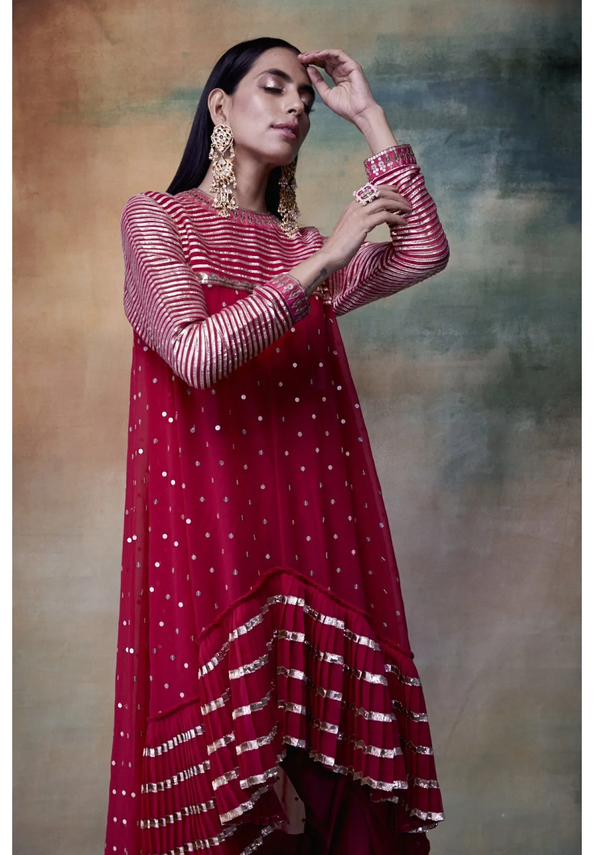 Crimson Red High Low Kurta Dhoti Set