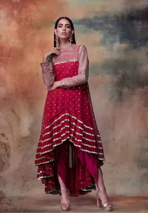 Crimson Red High Low Kurta Dhoti Set