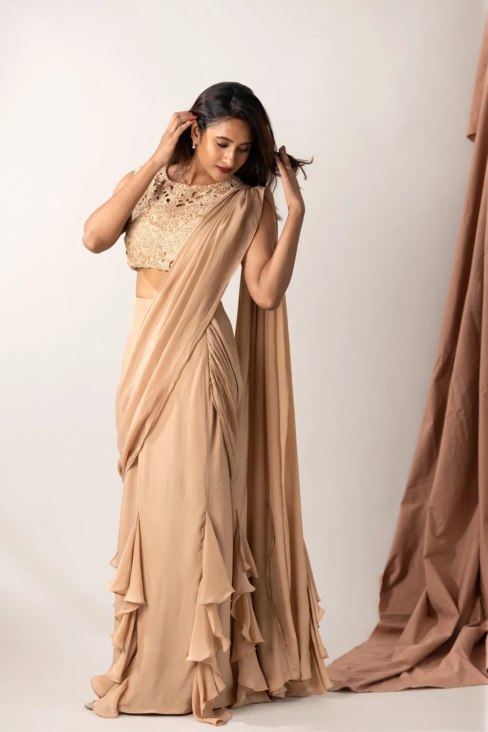 Crochet Hand Embellished Blouse With Crepe Silk Pleated Saree