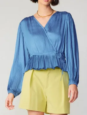 Current Air Dusty Blue Long Sleeve Pleated Wrap Blouse