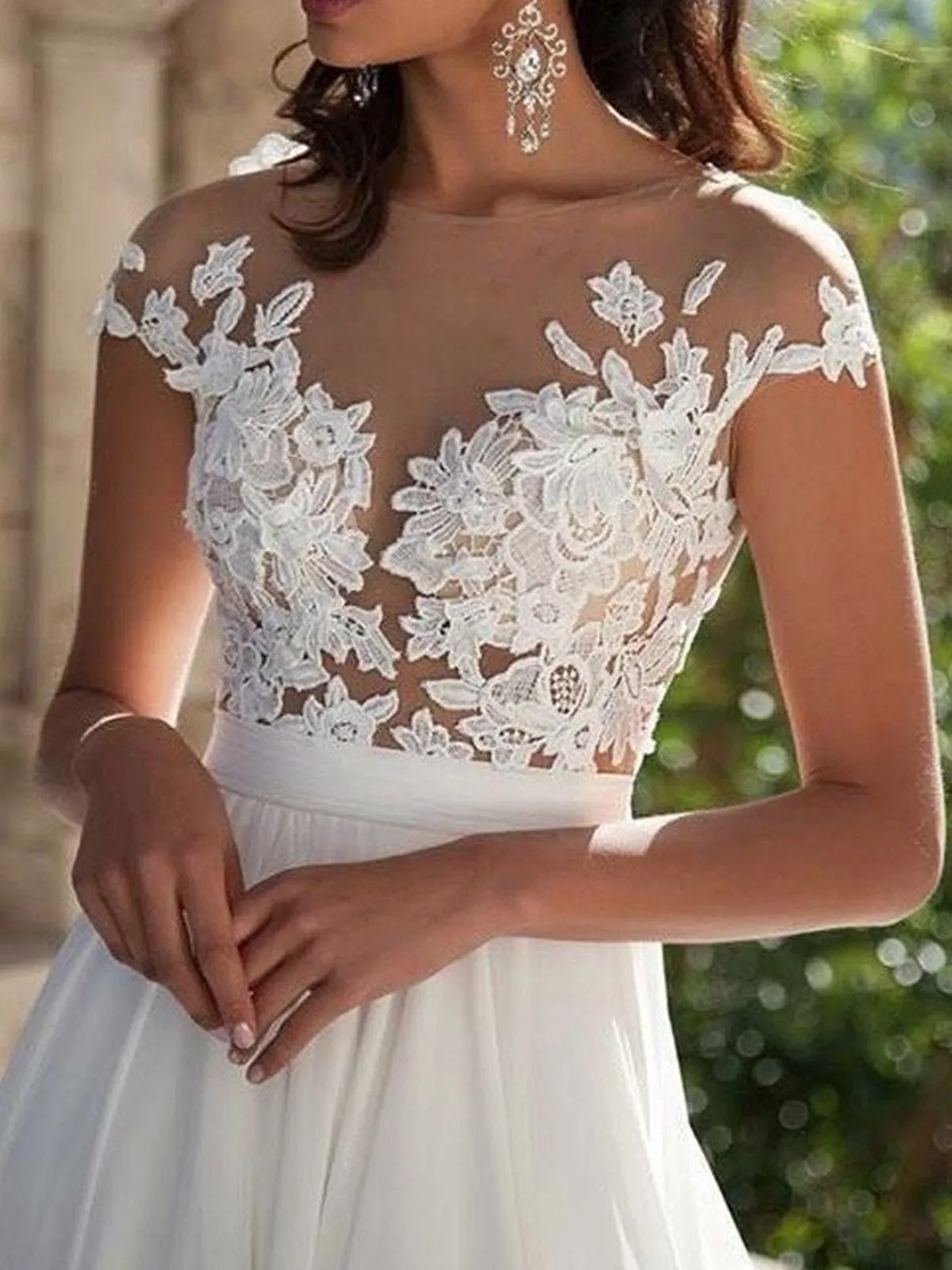 Custom Made Round Neck White Lace Appliques Chiffon Prom Evening Party Dress With Side Slit