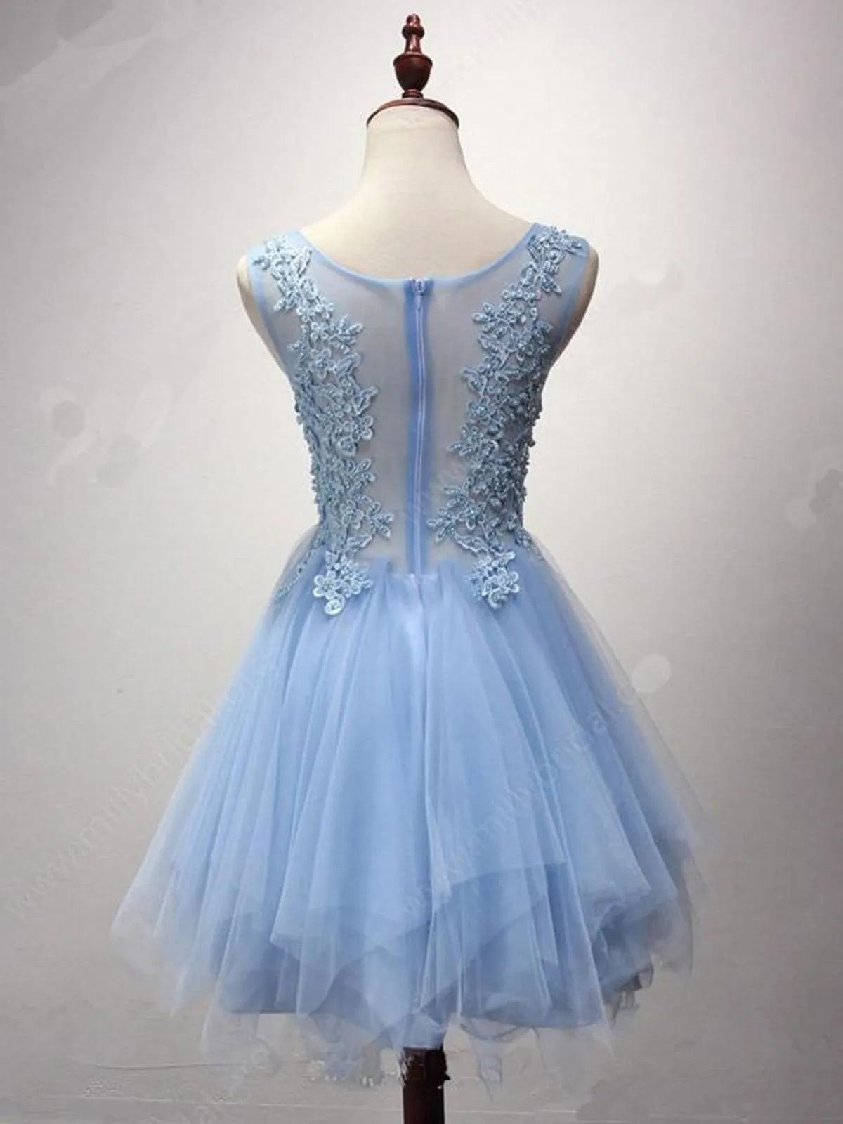 Cute blue lace tulle short homecoming dresses