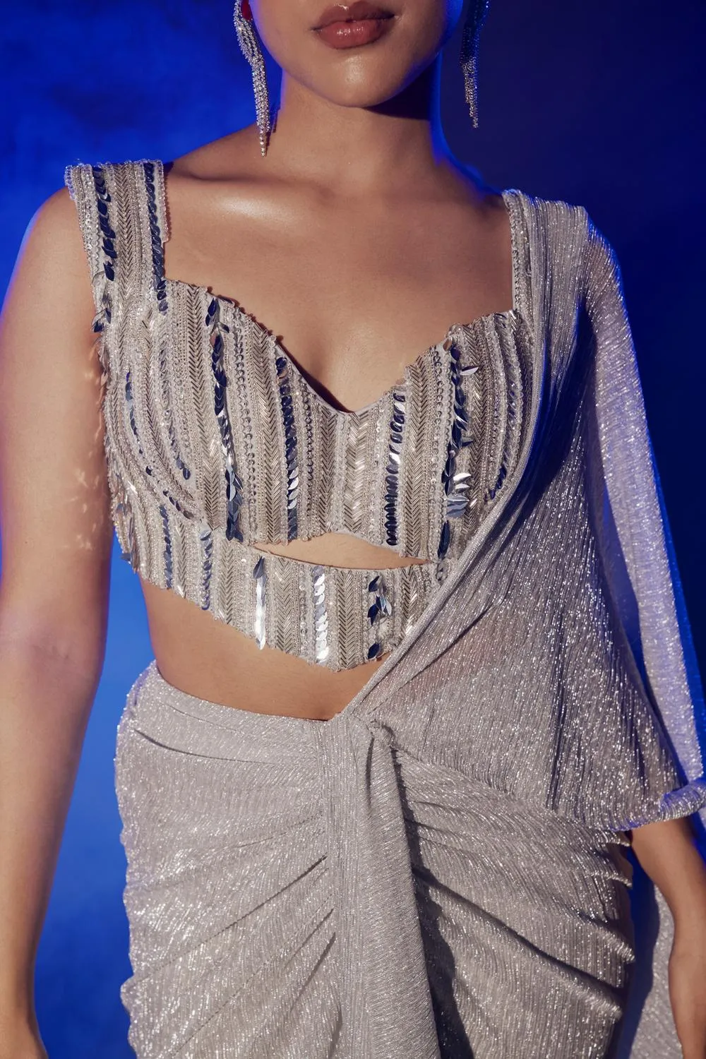 Cutout Blouse With Shimmer Pre Draped Saree