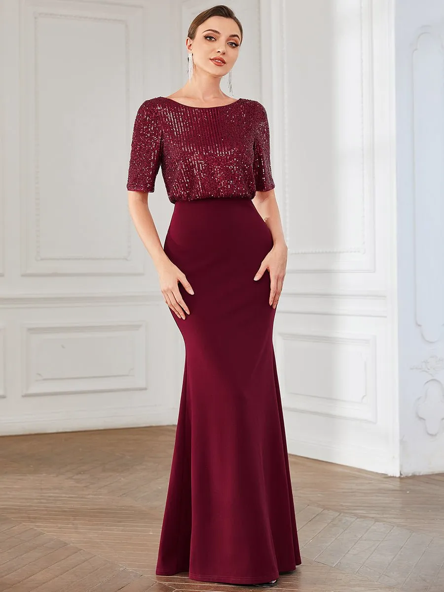 Delila Sequin evening dress with sleeve in burgundy Express NZ wide