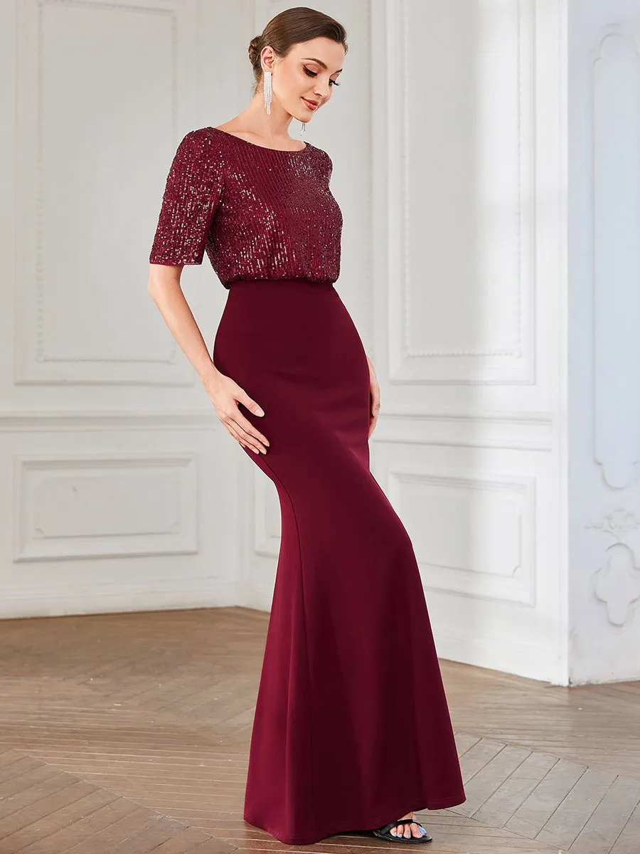 Delila Sequin evening dress with sleeve in burgundy Express NZ wide