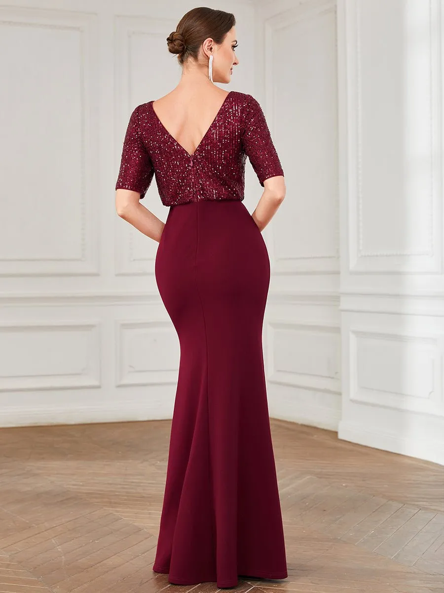 Delila Sequin evening dress with sleeve in burgundy Express NZ wide