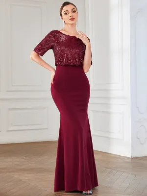 Delila Sequin evening dress with sleeve in burgundy Express NZ wide