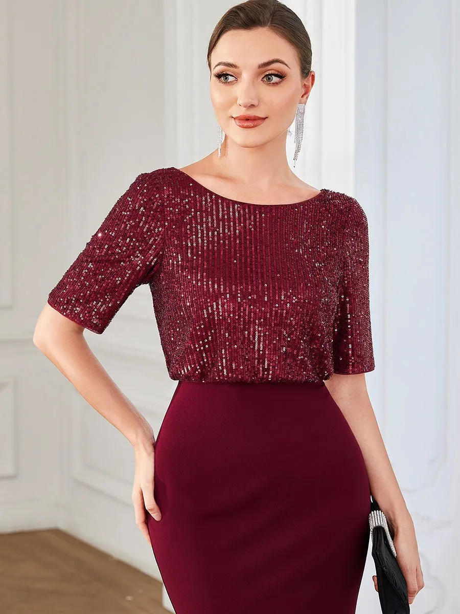 Delila Sequin evening dress with sleeve in burgundy Express NZ wide