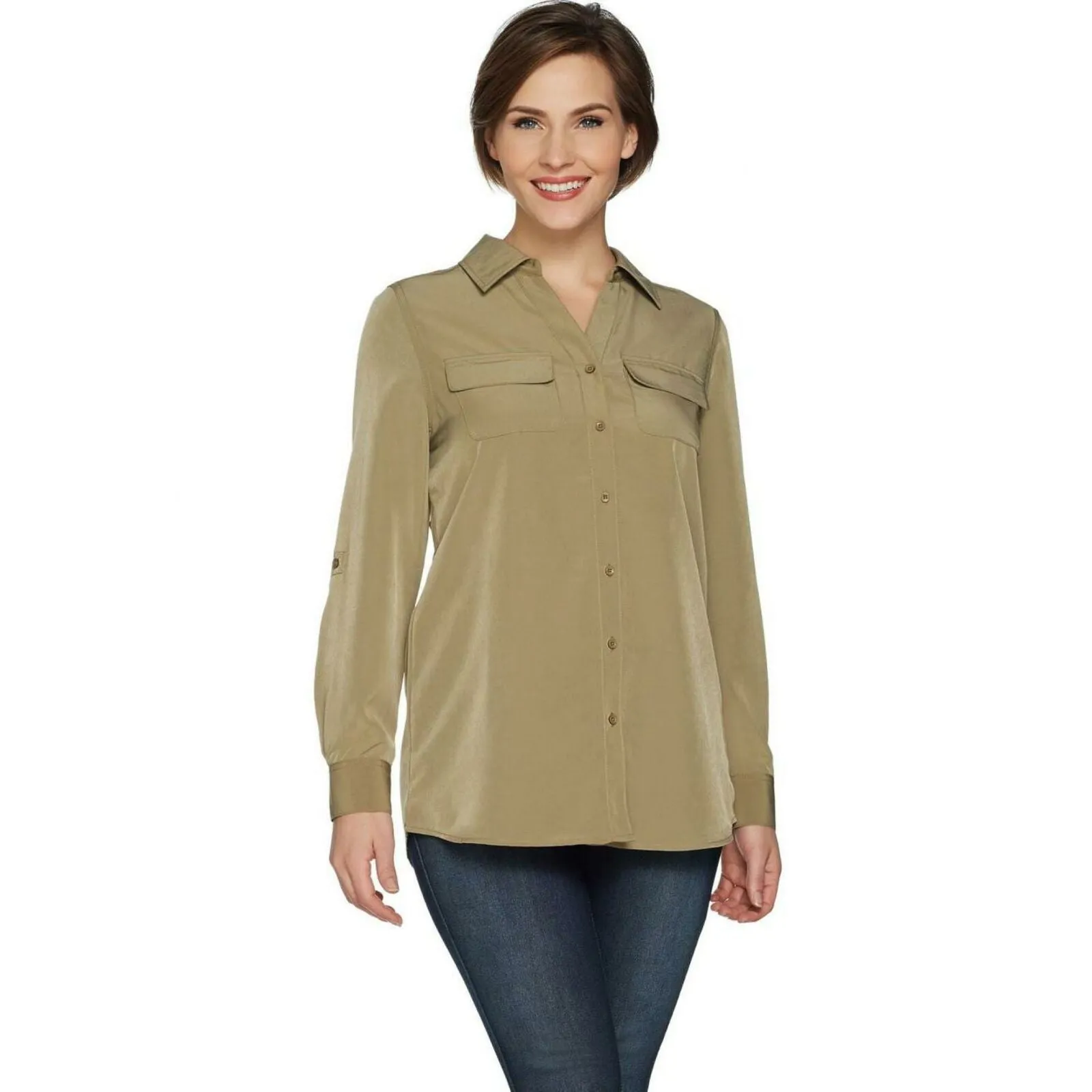 Denim & Co. Women's Roll Tab Sleeve Button Front Soft Utility Tunic Blouse