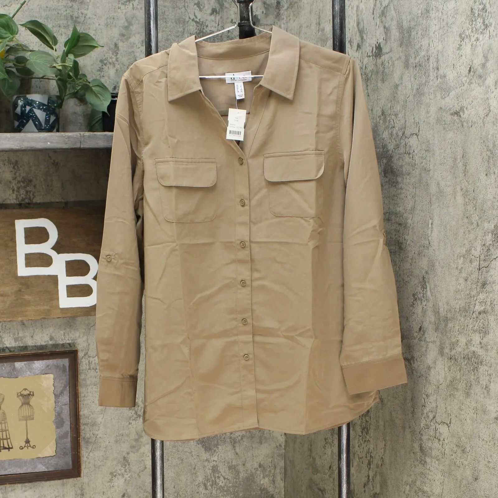 Denim & Co. Women's Roll Tab Sleeve Button Front Soft Utility Tunic Blouse