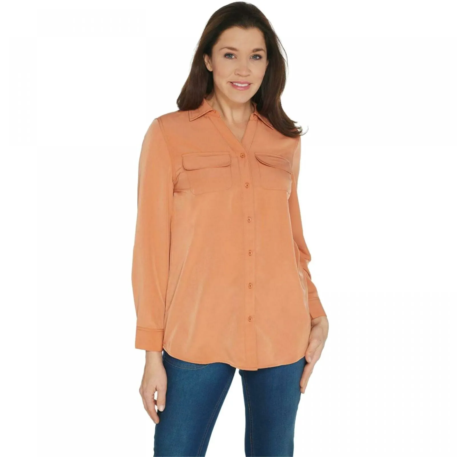 Denim & Co. Women's Roll Tab Sleeve Button Front Soft Utility Tunic Blouse