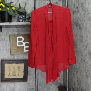 Dennis by Dennis Basso Long Sleeve Semi Sheer Blouse Pleated Front Ties Red 12