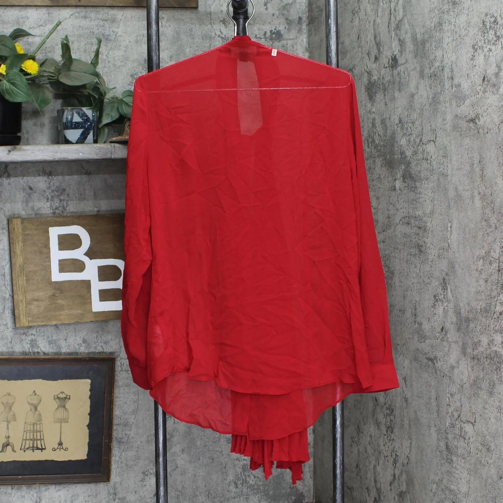 Dennis by Dennis Basso Long Sleeve Semi Sheer Blouse Pleated Front Ties Red 12