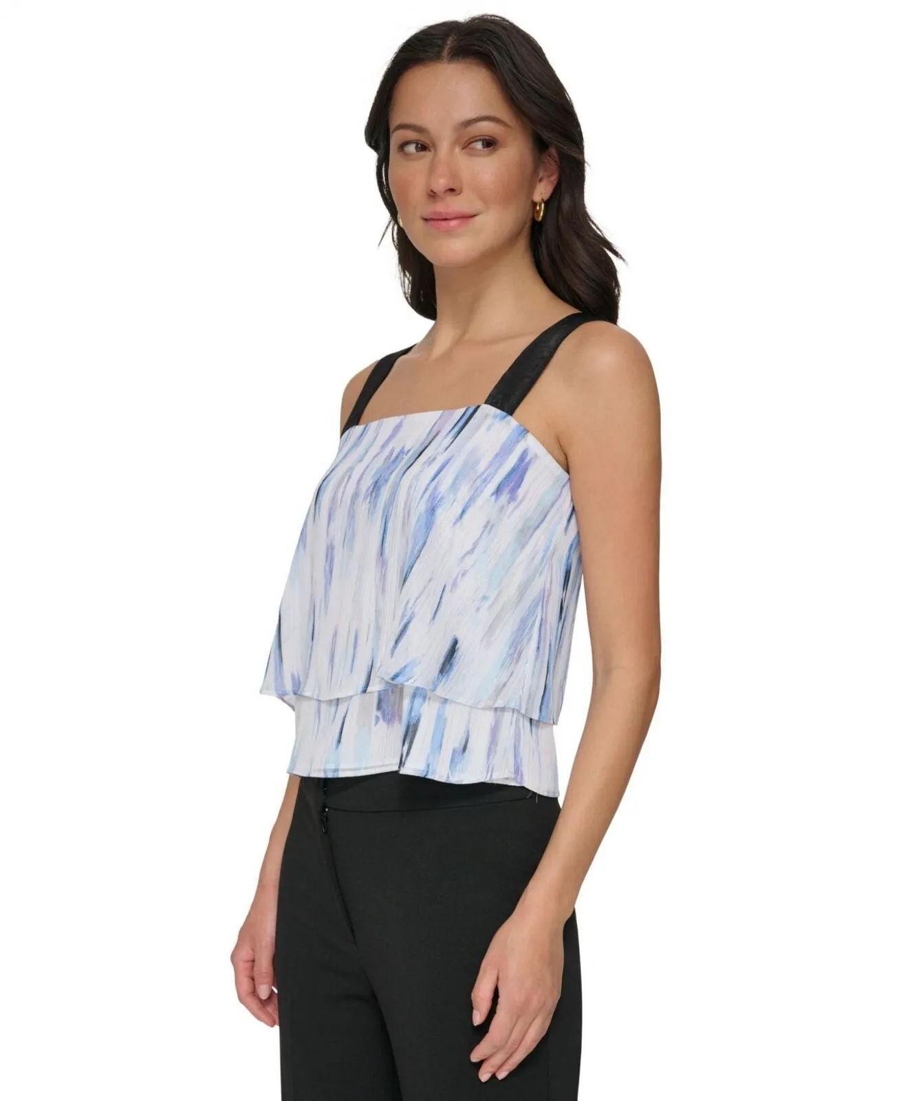 DKNY Womens Tiered Chiffon Square Neck Top P32AVM21