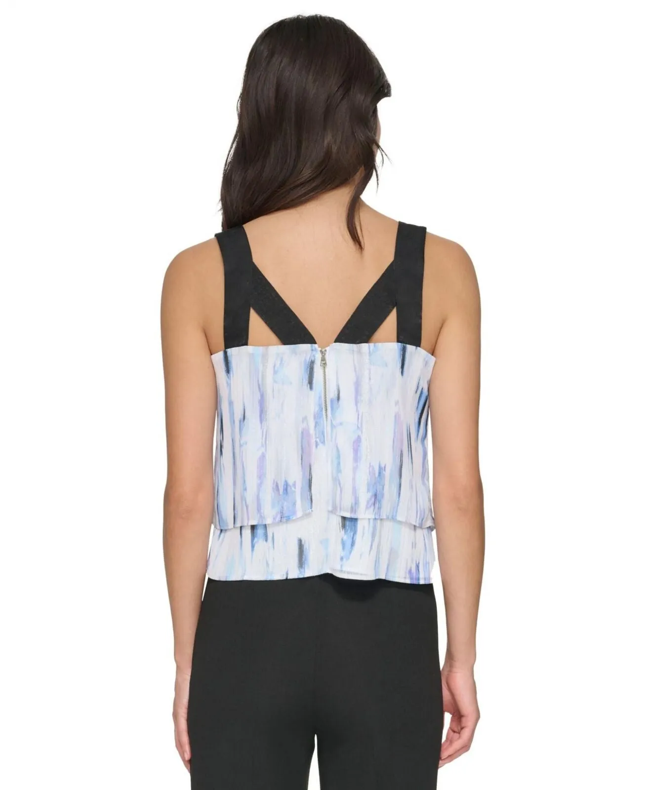 DKNY Womens Tiered Chiffon Square Neck Top P32AVM21
