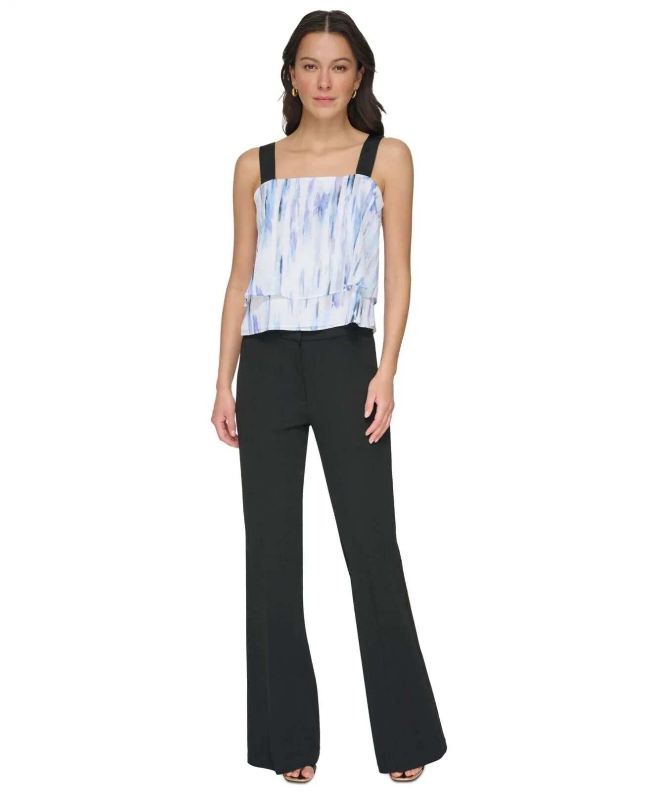 DKNY Womens Tiered Chiffon Square Neck Top P32AVM21