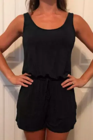 Drawstring Pocket Romper  In Black