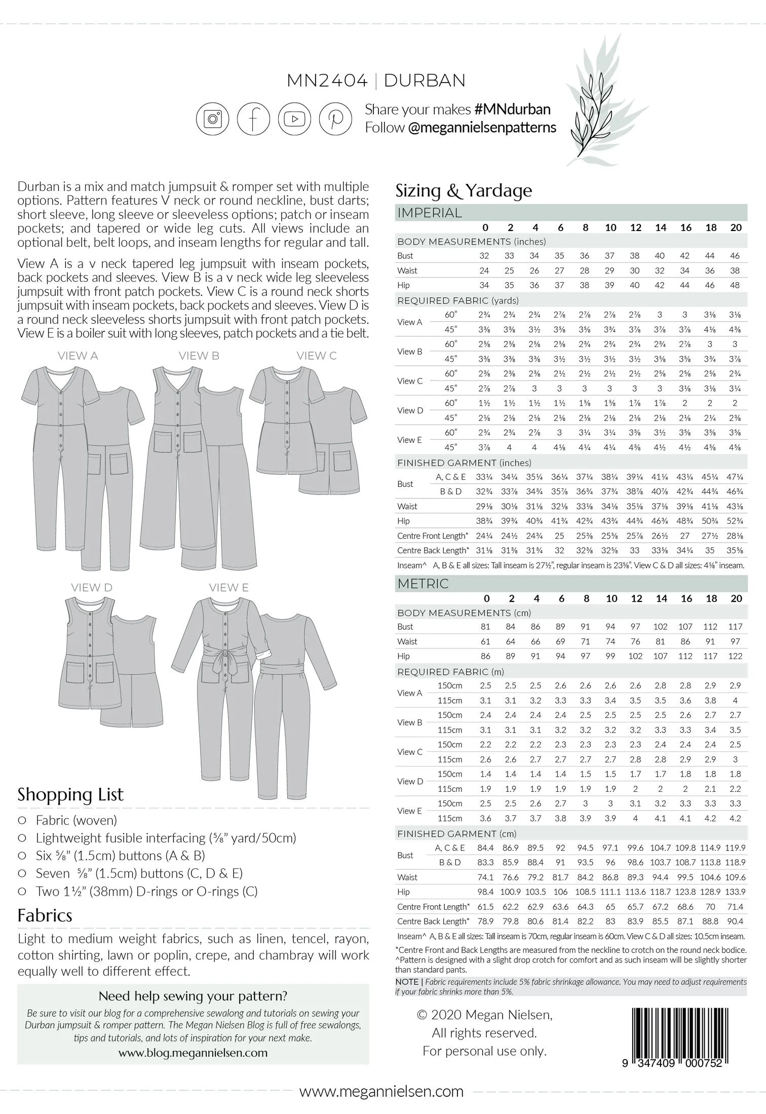 Durban Jumpsuit & Romper SEWING PATTERN by Megan Nielsen