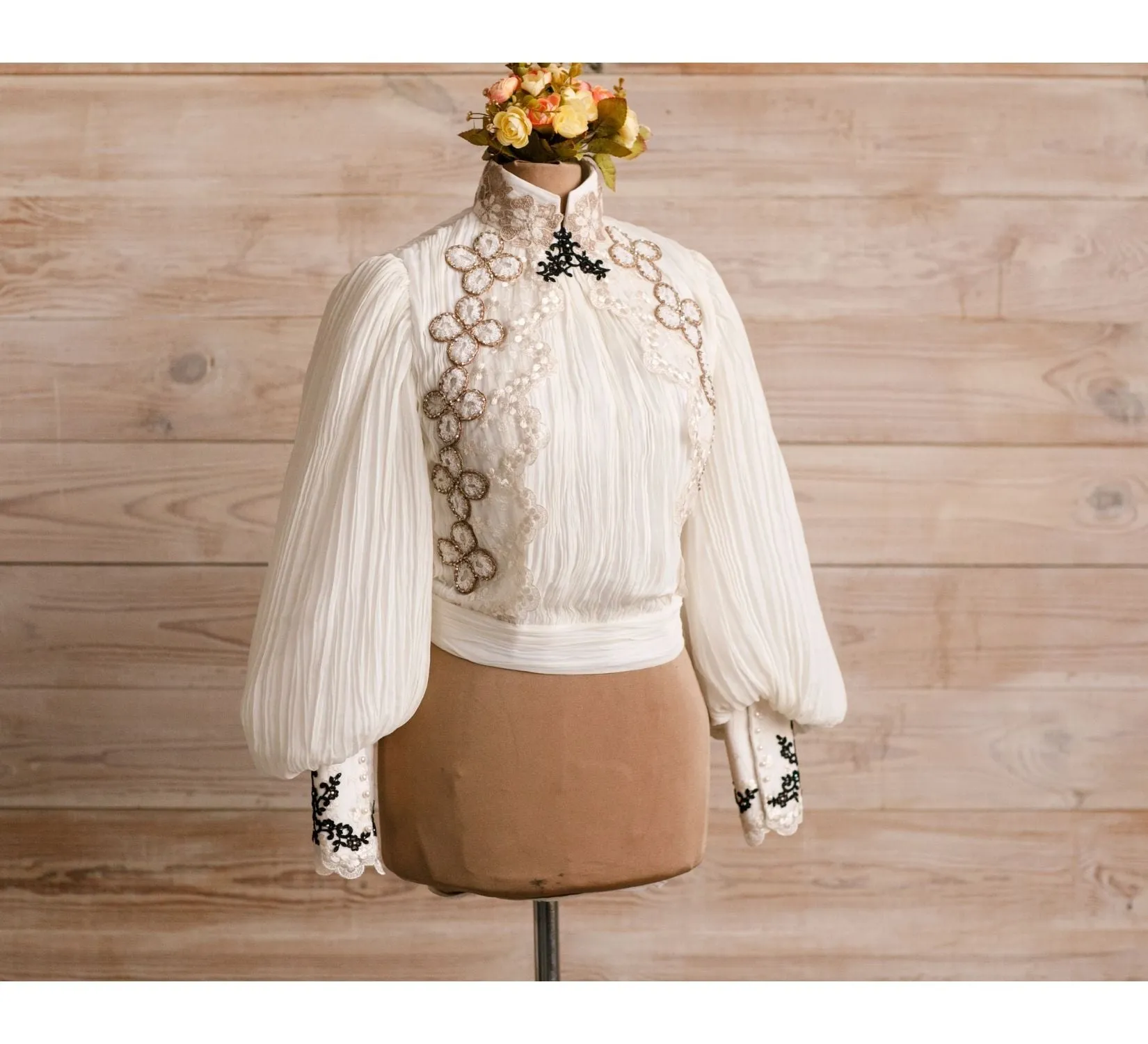 Edwardian beige hand-pleated cotton Edith Cushing Crimson Peak shirt