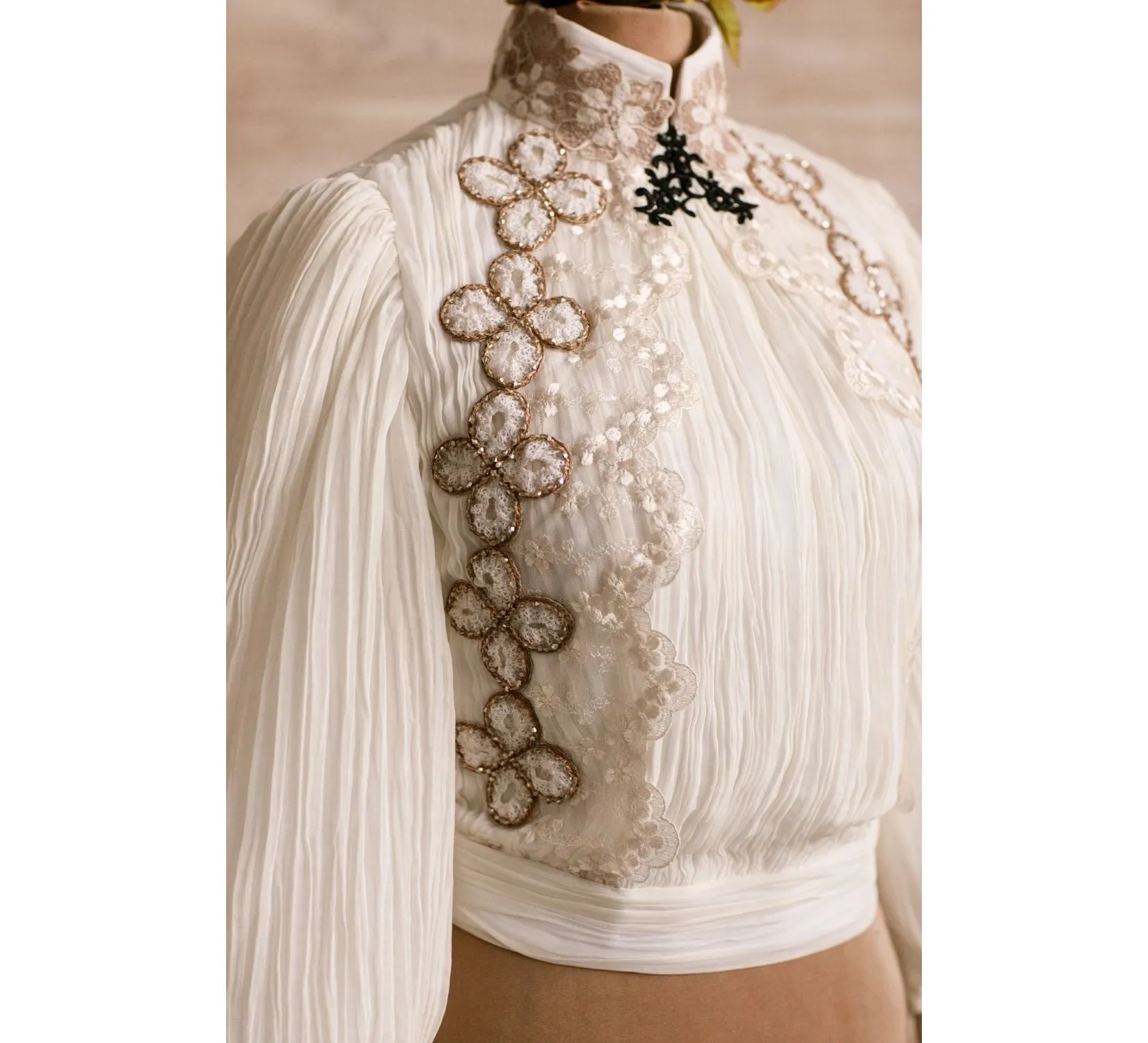 Edwardian beige hand-pleated cotton Edith Cushing Crimson Peak shirt