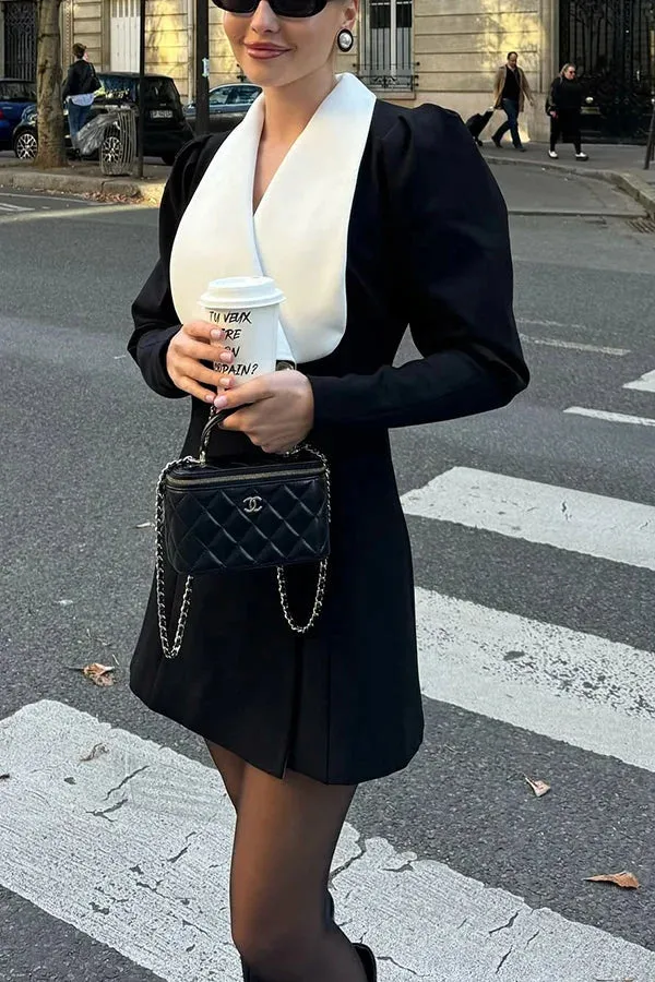 Elegance in Classic Contrast Color Metal Buckle Lapel Blazer Mini Dress