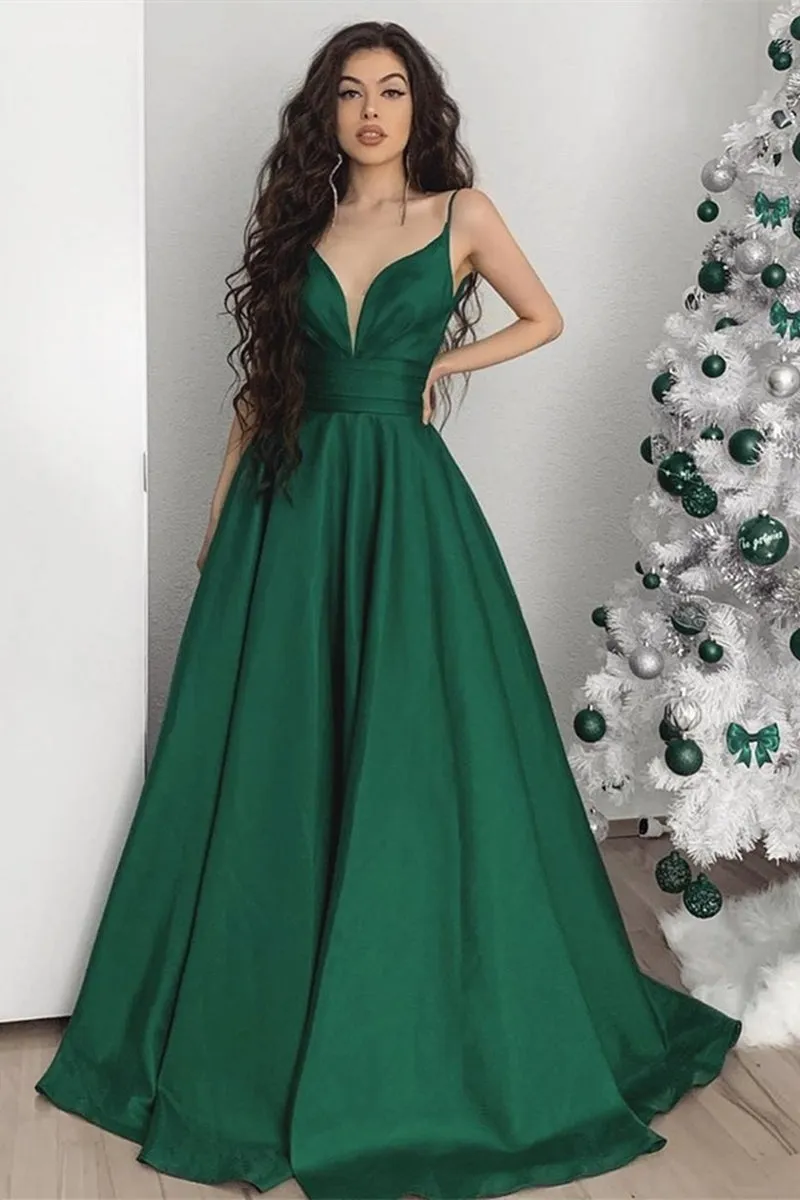 Elegant V Neck Emerald Green Satin Long Prom Dress, V Neck Green Formal Graduation Evening Dress