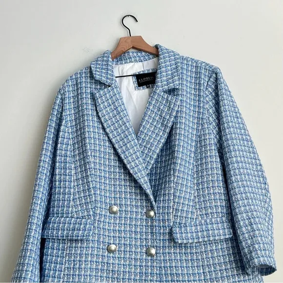 ELOQUII Women's Plus Size 20 Blue Plaid Tweed Blazer Double Breasted Jacket Prep