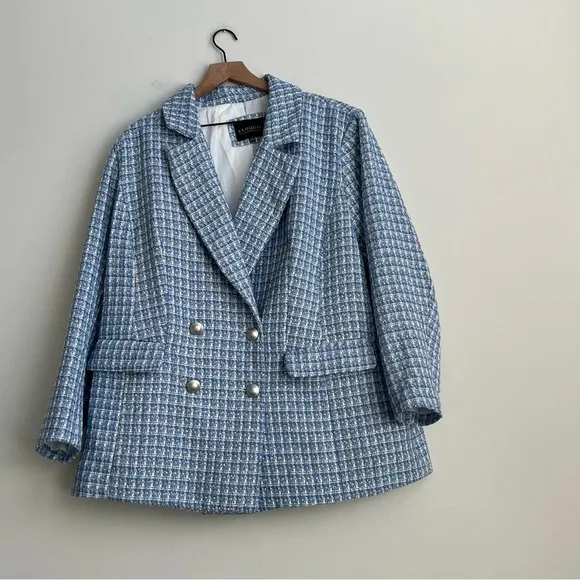 ELOQUII Women's Plus Size 20 Blue Plaid Tweed Blazer Double Breasted Jacket Prep
