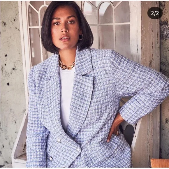 ELOQUII Women's Plus Size 20 Blue Plaid Tweed Blazer Double Breasted Jacket Prep