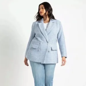 ELOQUII Women's Plus Size 20 Blue Plaid Tweed Blazer Double Breasted Jacket Prep