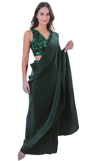 Emerald Green Embellished Pre-Pleated Sari