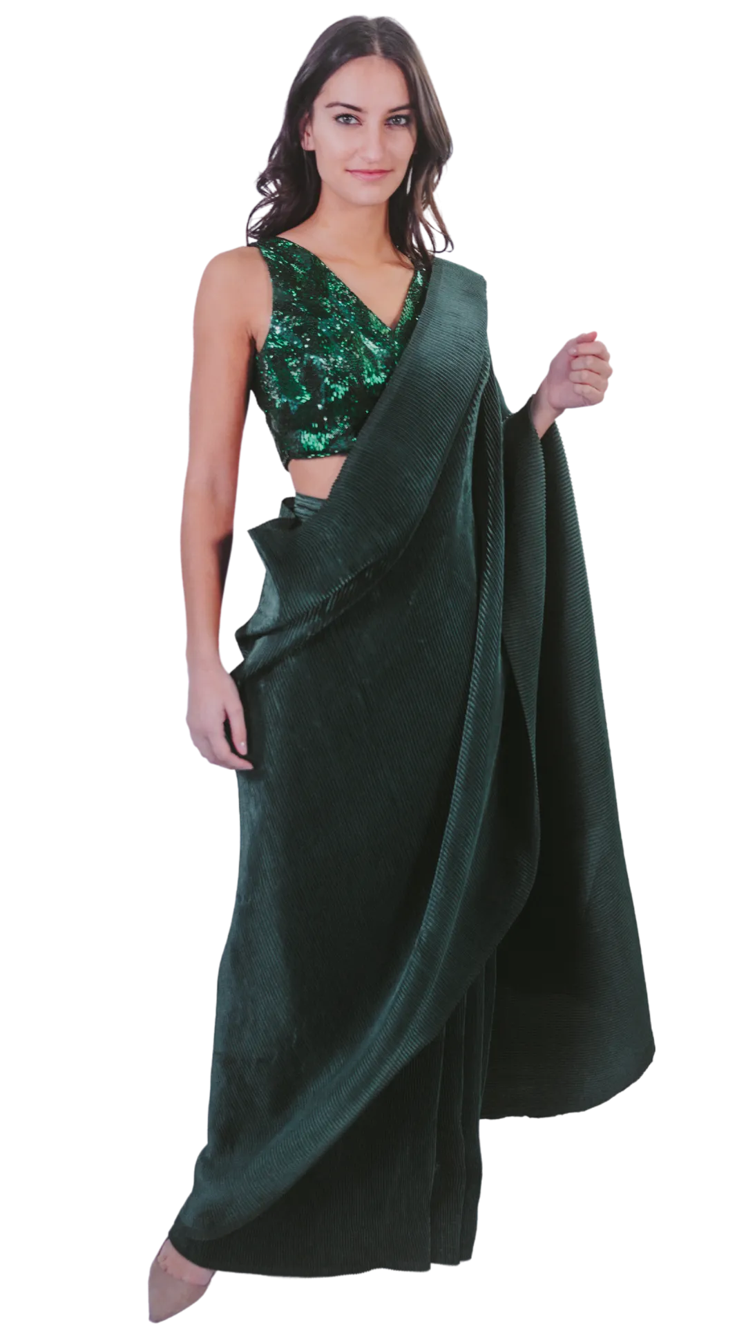 Emerald Green Embellished Pre-Pleated Sari