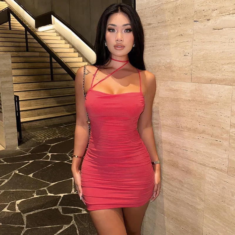 European And American-Style Cross-Border Women's Clothing2023Summer New off-Neck Sexy Backless Pleated Slim Strap Dress Wholesale
