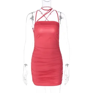 European And American-Style Cross-Border Women's Clothing2023Summer New off-Neck Sexy Backless Pleated Slim Strap Dress Wholesale