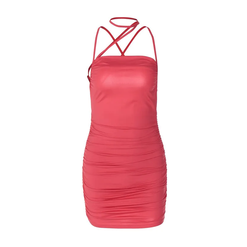 European And American-Style Cross-Border Women's Clothing2023Summer New off-Neck Sexy Backless Pleated Slim Strap Dress Wholesale