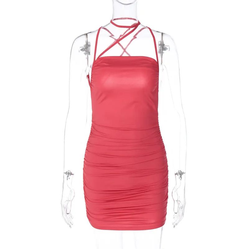European And American-Style Cross-Border Women's Clothing2023Summer New off-Neck Sexy Backless Pleated Slim Strap Dress Wholesale