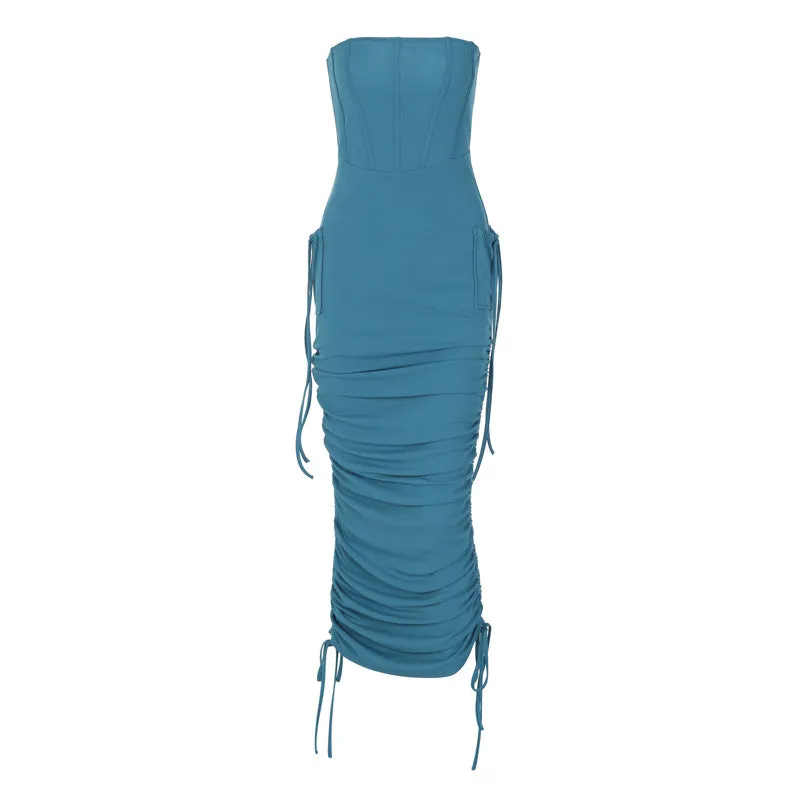European and American Style Women's Clothing2023Summer New Tube Top off-Neck Pocket Design Waist Slimming Pleating Dress