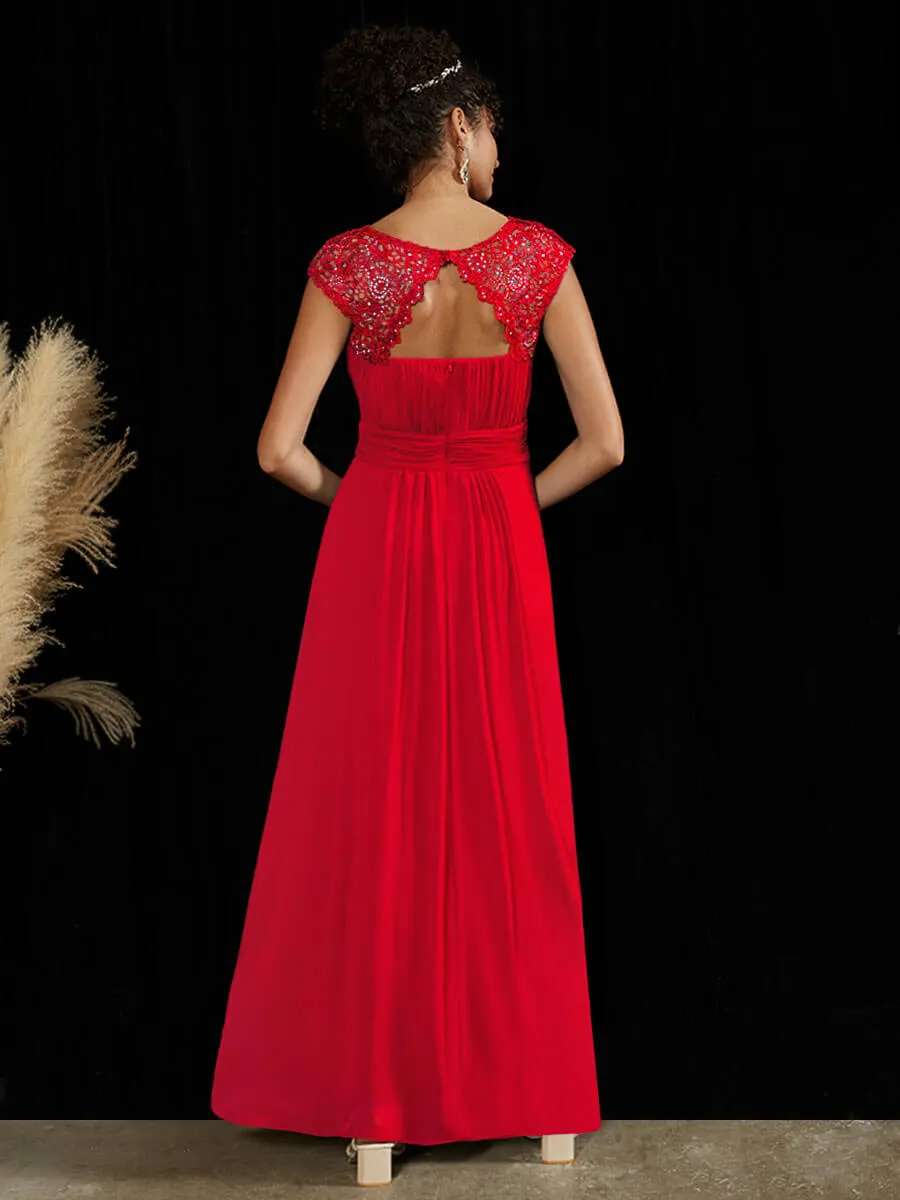 [Final Sale] Red Lace Open Back Floor Length Silky Chiffon Formal Evening Mother Dress